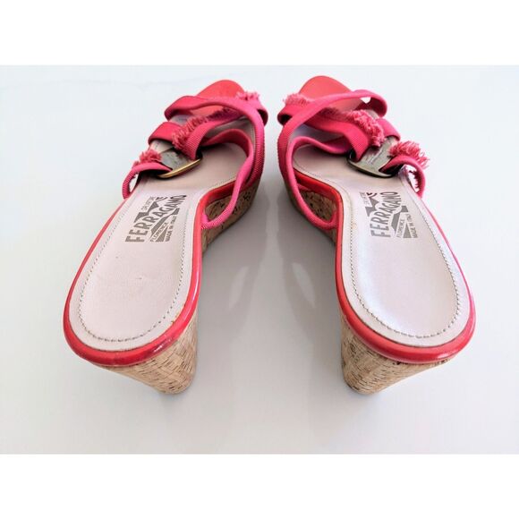 EUC Salvatore Ferragamo Pink Red Grosgrain Ribbon Logo Cork Wedges Size 8.5 - Picture 3 of 9